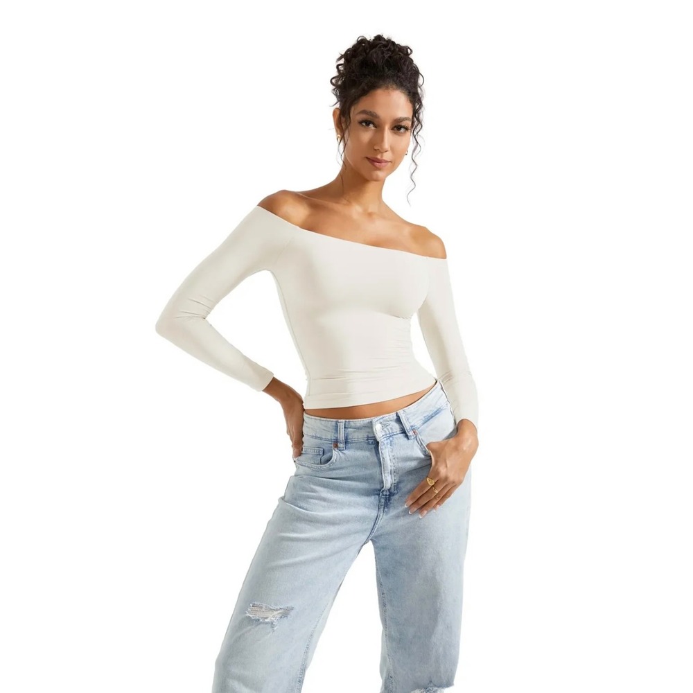 M5 Suuksess Buttery Soft Off Shoulder Shirt - Long Sleeve White